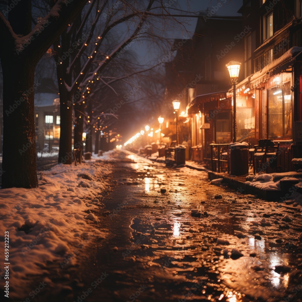 snow-lined street, golden hue of café lights and the sparkle of festive decorations, lights reflecting off the snow, creating a magical, warm, inviting vibrant atmosphere, quiet snow-covered streets.