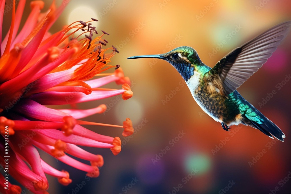 Fototapeta premium A hummingbird in flight towards a vibrant flower with a dreamy blurred background