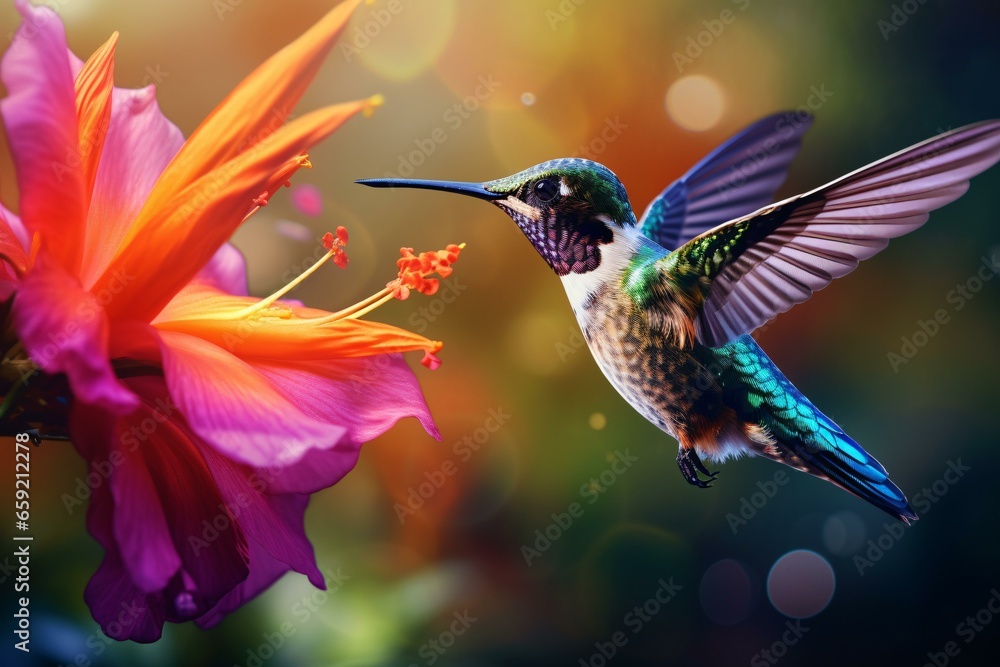 A hummingbird in flight near a vibrant flower with a blurred background - obrazy, fototapety, plakaty 