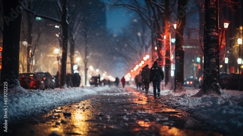 City night life during winter  snow falling  lights reflecting off the snow and water  creating a magical and vibrant atmosphere amidst a bustling city street at night  blue tones winter evening