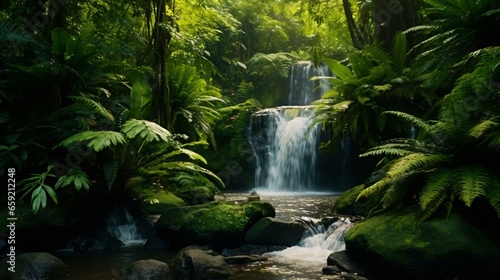 A serene waterfall nestled in a vibrant green forest