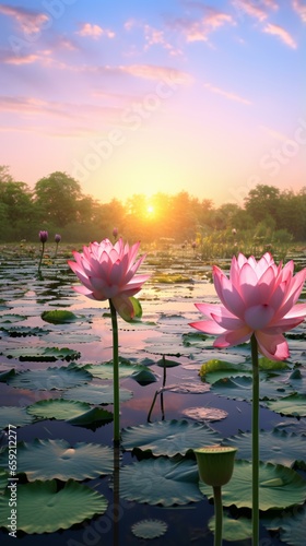 Two pink water lilies in a pond at sunset