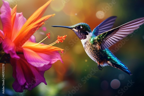 Photo A hummingbird in flight near a vibrant flower with a blurred background