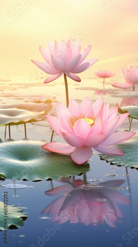 A serene lake with blooming pink water lilies