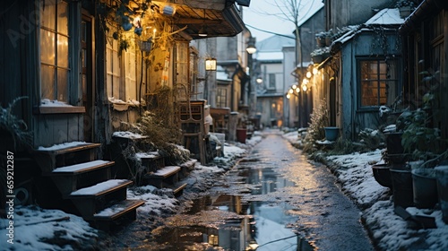 Narrow alleyway strange cities winter, icy, wet and snowy, mystery and exploration, after snowfall at dusk, warm glow from the windows and string lights creates a serene, magical, winter atmosphere. #659212287