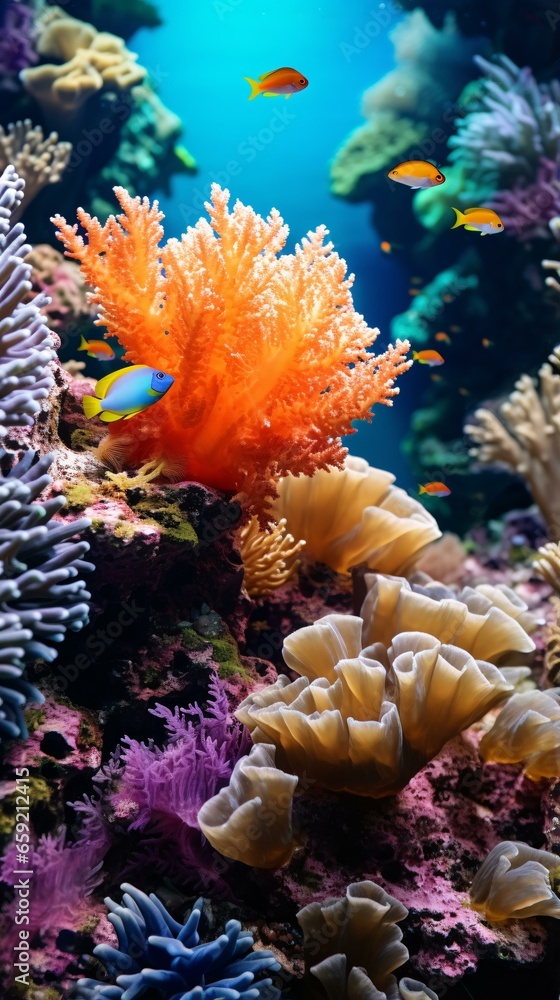 A vibrant and diverse coral reef aquarium display