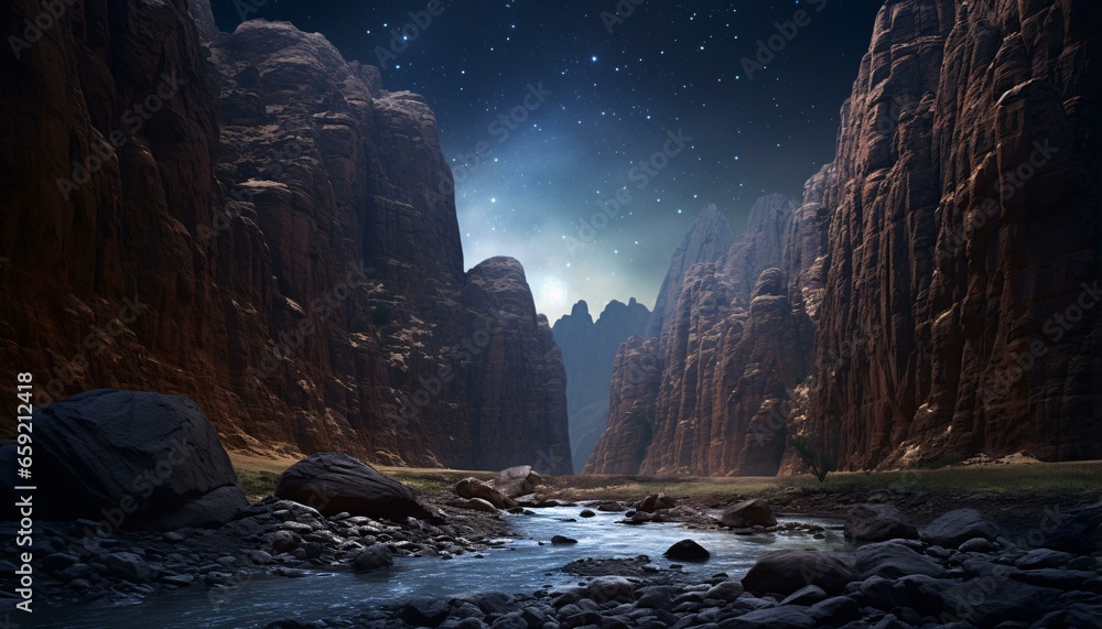 A serene river flowing through a dramatic canyon under a starry night sky