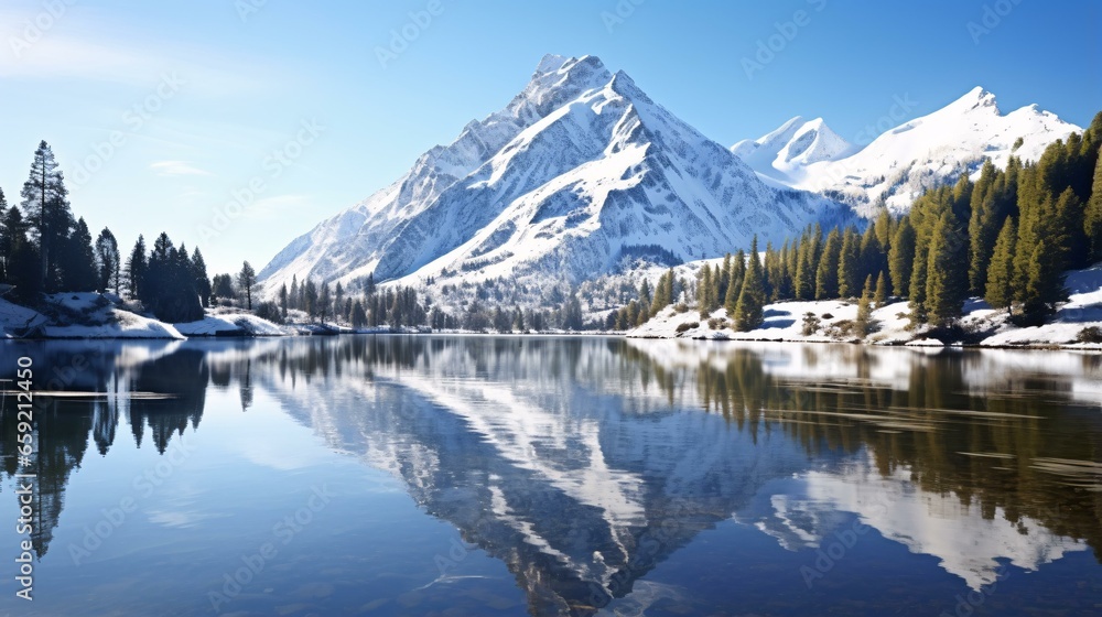A tranquil lake reflecting the majestic beauty of a mountain range