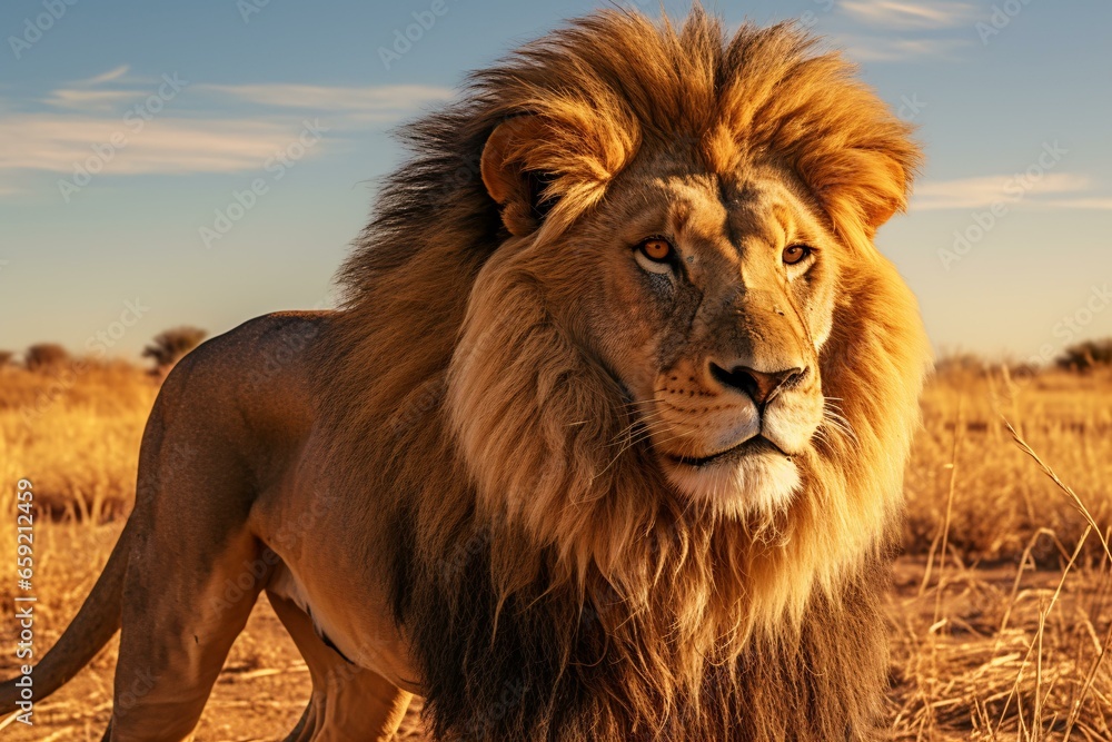 A majestic lion standing in a golden grass field
