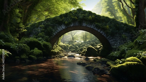 A picturesque bridge spanning a serene forest stream