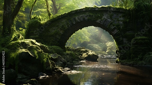 A picturesque stone bridge amidst a vibrant green forest  spanning over a serene stream