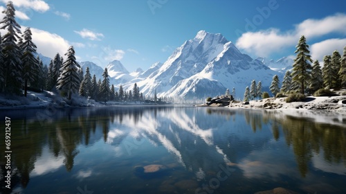 A serene lake surrounded by majestic snow-capped mountains and lush green trees