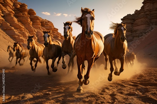 A herd of wild horses galloping through the vast desert landscape