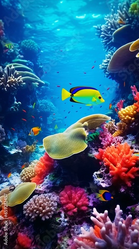 A vibrant coral reef teeming with tropical fish underwater