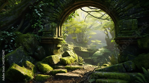 A mesmerizing tunnel surrounded by vibrant greenery in the heart of a lush forest photo