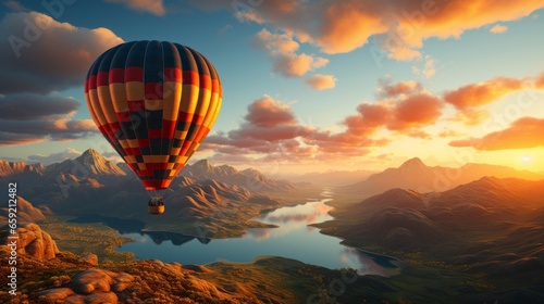 Serene hot air balloon journey during the sunset hours. Generative AI © ProVector