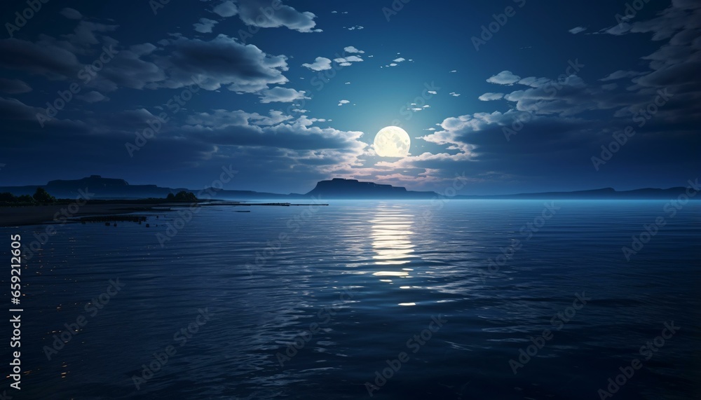 A serene moonlit night with a full moon reflecting on a peaceful body of water