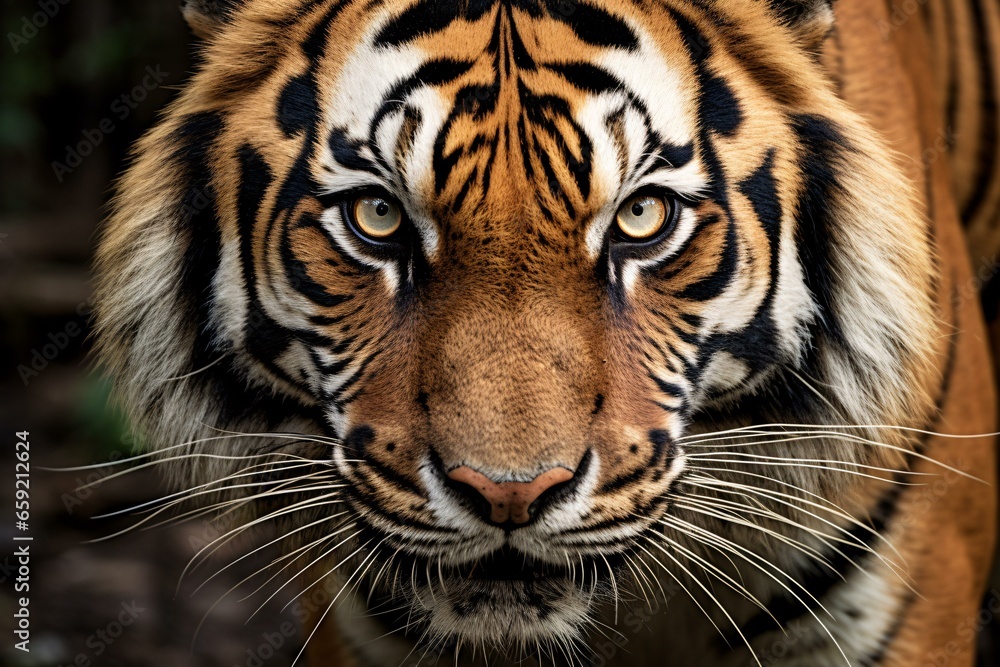 A majestic tiger staring directly at the camera A majestic tiger staring directly at the camera