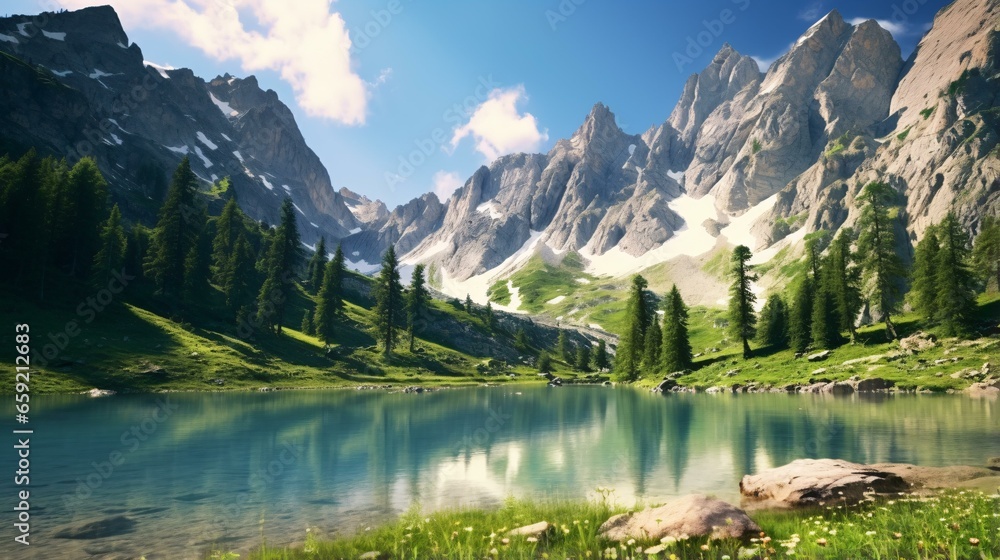 A serene mountain lake framed by lush trees