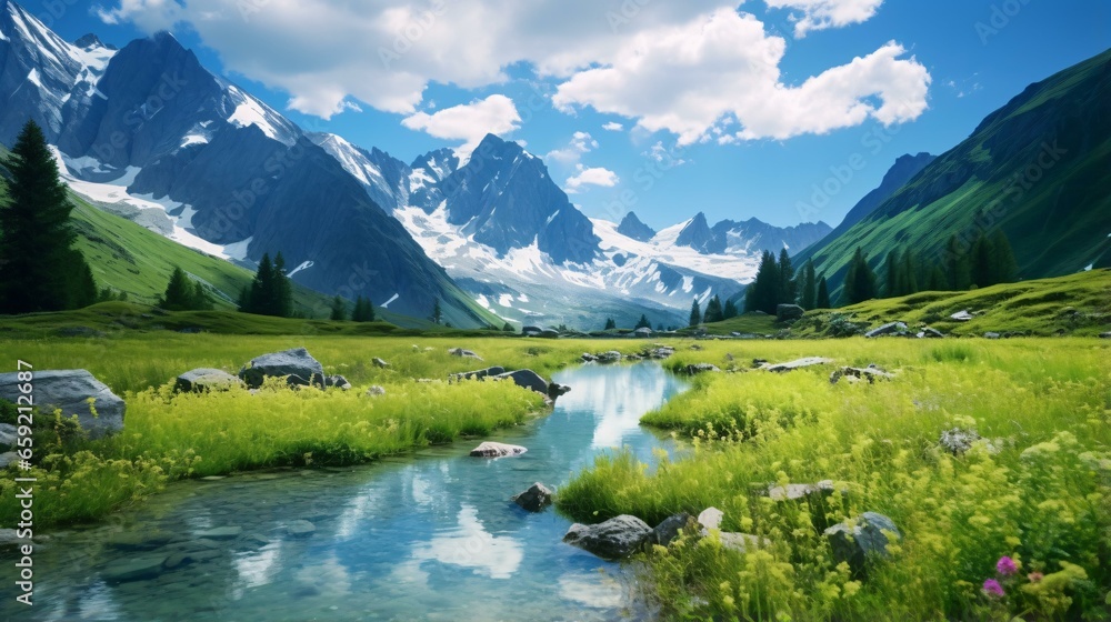A picturesque mountain valley with a serene stream flowing through
