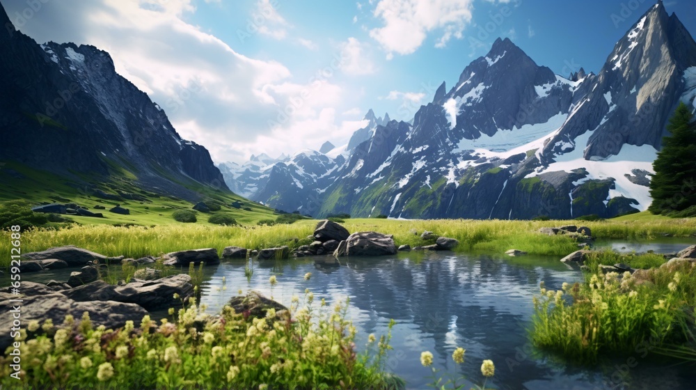 A stunning mountain landscape with a serene stream flowing through