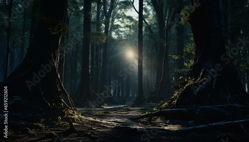 A mystical forest with rays of light streaming through the dense foliage