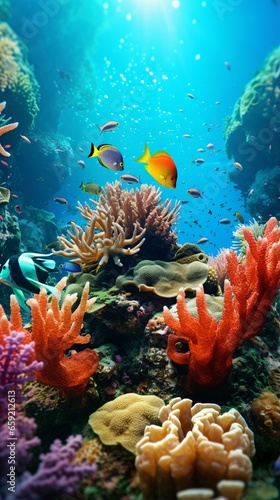 A vibrant underwater ecosystem with colorful corals and tropical fish