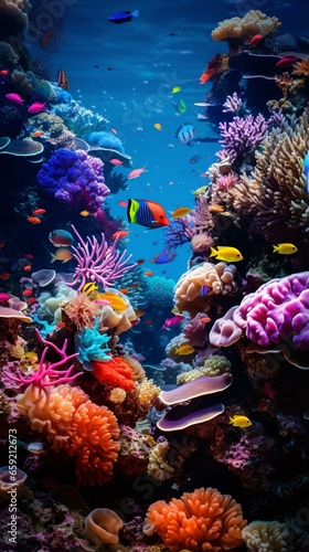 A vibrant underwater world in a large aquarium