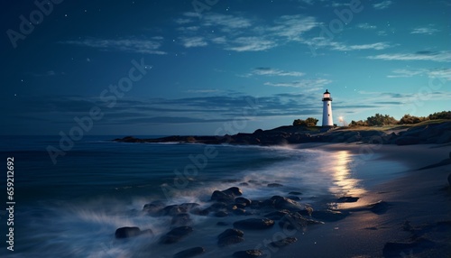 A majestic lighthouse standing tall on a rugged shoreline under the starry night sky