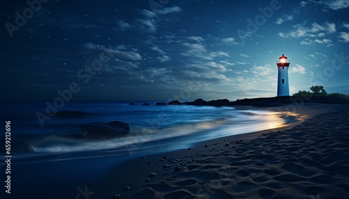 A majestic lighthouse illuminating a serene beach under the moonlit sky