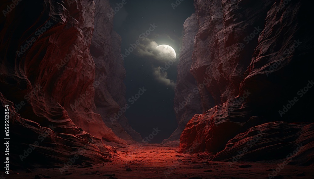 A moonlit cave, illuminated by the full moon - obrazy, fototapety, plakaty 