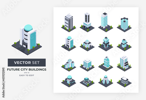 Future city buildings isometric set elements. Vector of collection modern urban futuristic glass buildings of unusual shapes and green plants isolated. Color Editable Eps 10