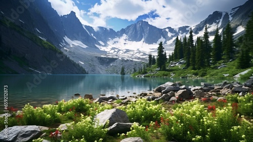 A serene mountain lake with vibrant flowers and rocky surroundings