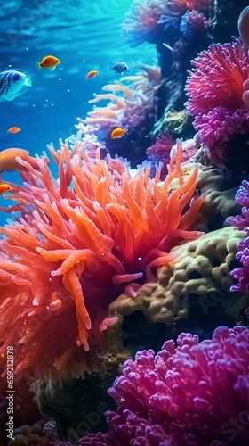 A vibrant underwater coral reef teeming with colorful fish