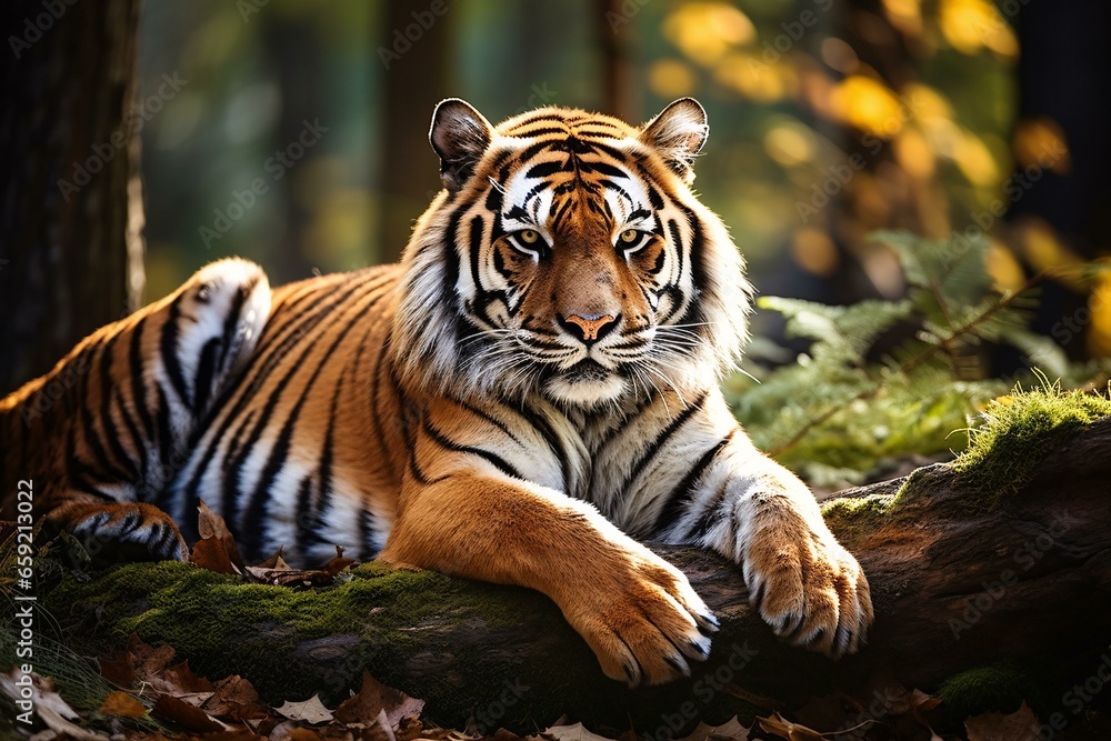 A majestic tiger resting on a log in the serene forest