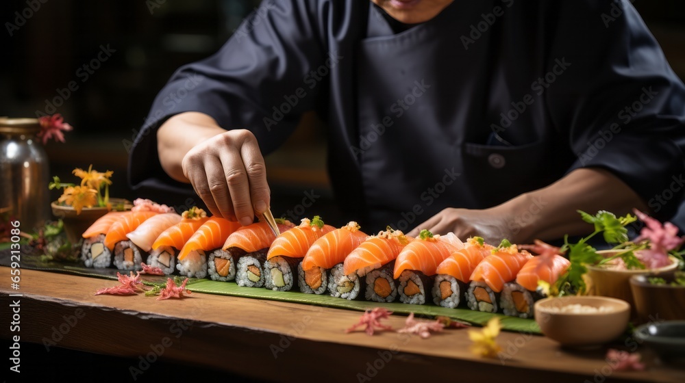 Skilled chefs hands meticulously preparing sushi ingre. Generative AI