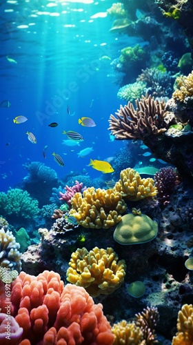 A vibrant coral reef teeming with diverse fish species