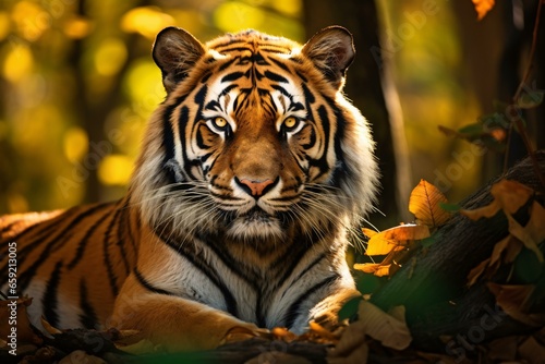A majestic tiger resting among the vibrant foliage