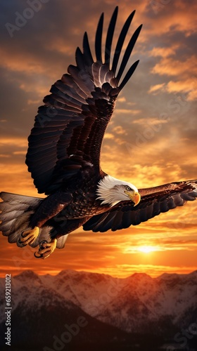 A majestic bald eagle soaring through a vibrant sunset © KWY