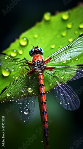 A vibrant red dragonfly perched delicately on a lush green leaf © KWY