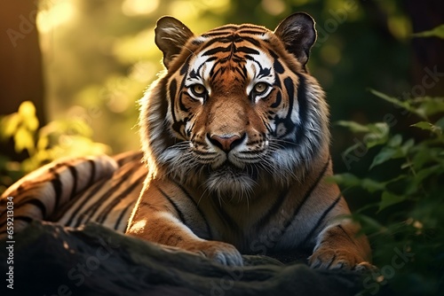 A majestic tiger resting on a rock in the heart of the forest