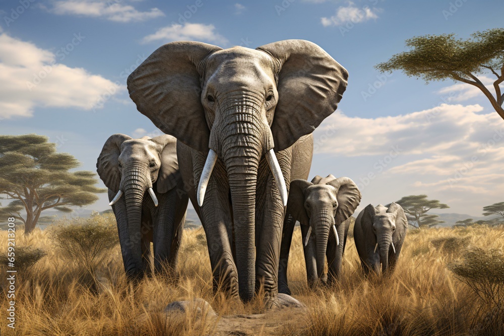 A majestic herd of elephants gracefully crossing a golden grass field