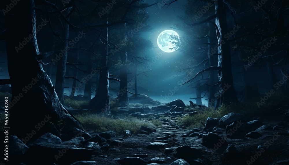 A mysterious forest illuminated by the full moon
