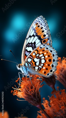 A vibrant butterfly perched delicately on a colorful flower