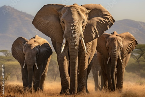 A majestic herd of elephants traversing a golden savannah landscape © KWY