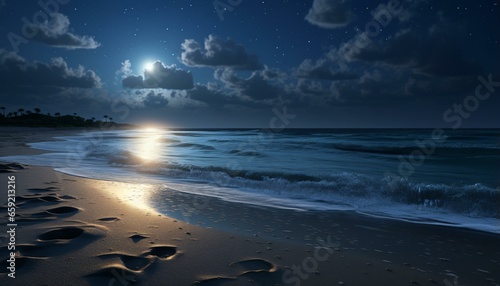 A serene beach under a luminous full moon with captivating footprints in the sand