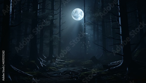 A mysterious forest under the enchanting glow of a full moon