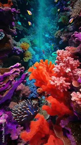 A vibrant underwater ecosystem filled with colorful corals and diverse marine life © KWY