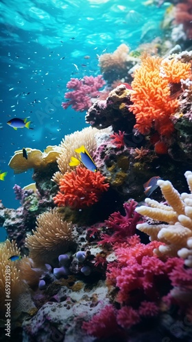 A vibrant coral reef teaming with colorful fish © KWY