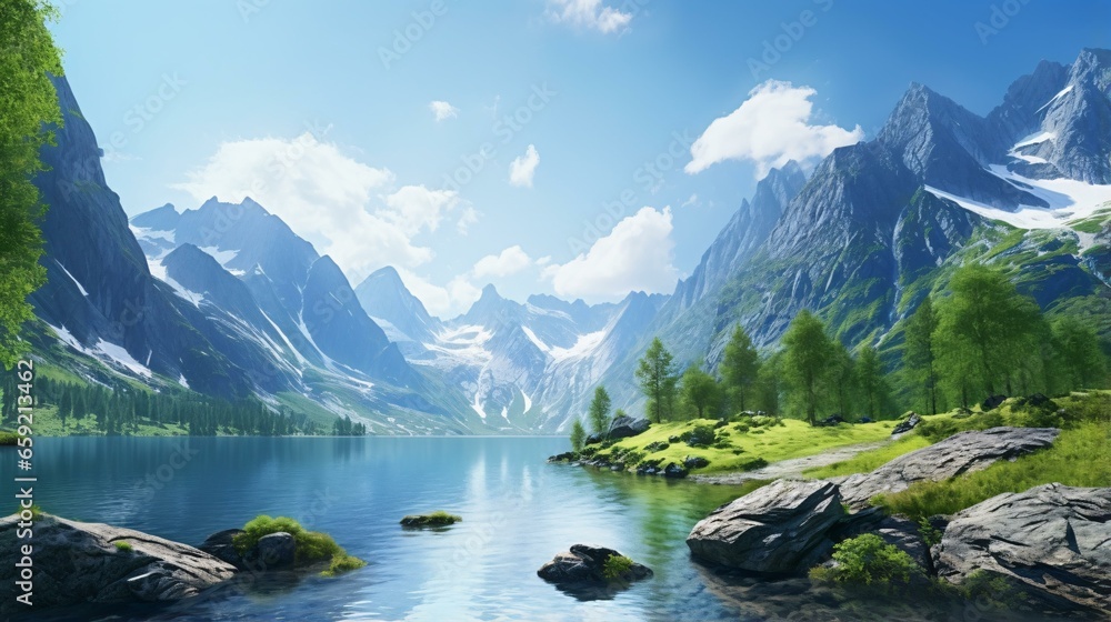 A serene mountain lake nestled among towering trees